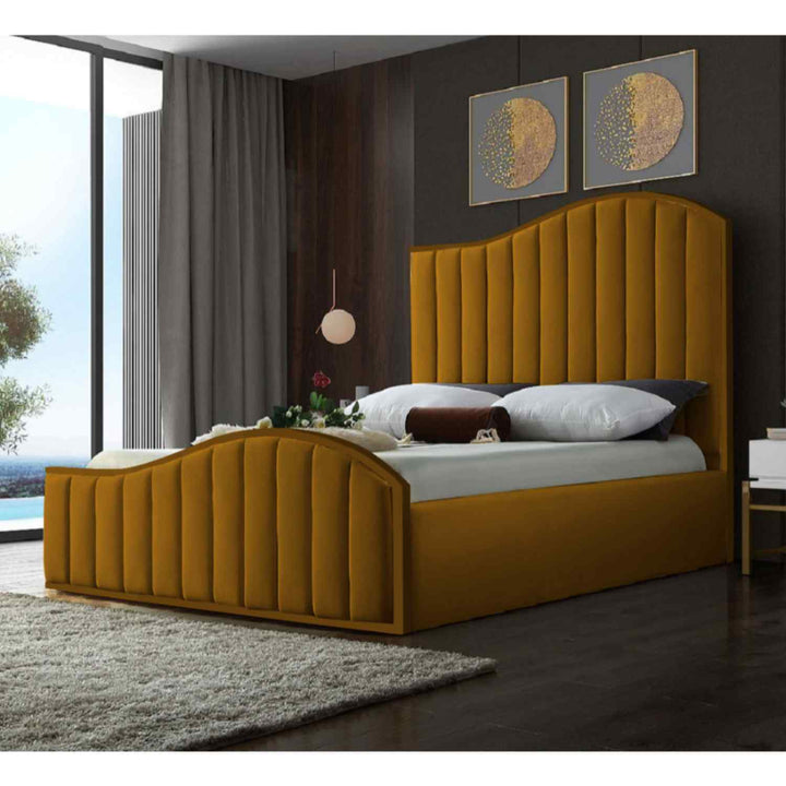 Tianhang Navy Blue Velvet and Gold Metal Frame Bed