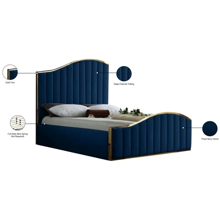 Tianhang Navy Blue Velvet and Gold Metal Frame Bed