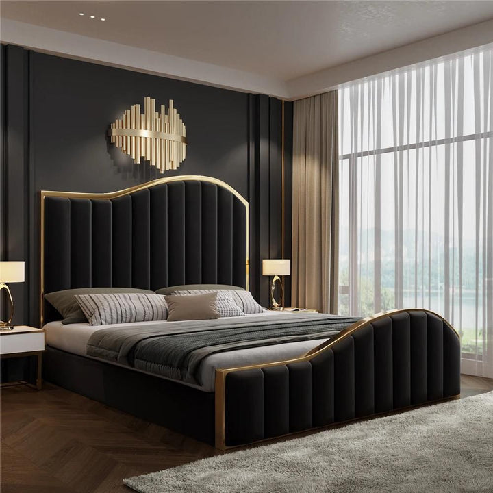 Tianhang Navy Blue Velvet and Gold Metal Frame Bed