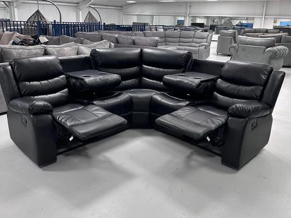 Roma Leather Corner Recliner with Cupholders (Black)